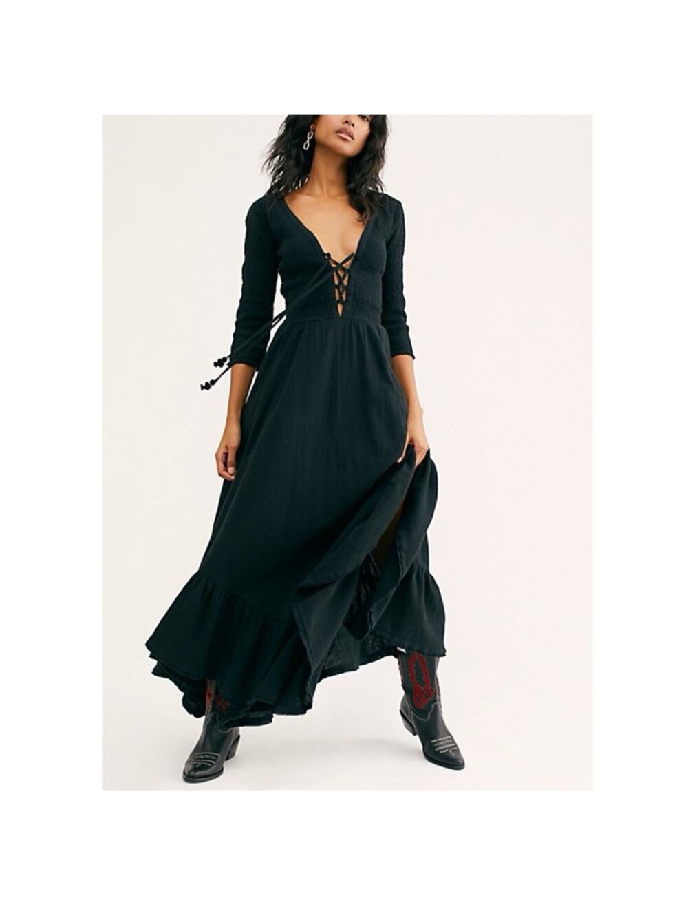 Free People Black Smocked Ruffle Fit Flare Midi Dress Boho S Perfect Solution